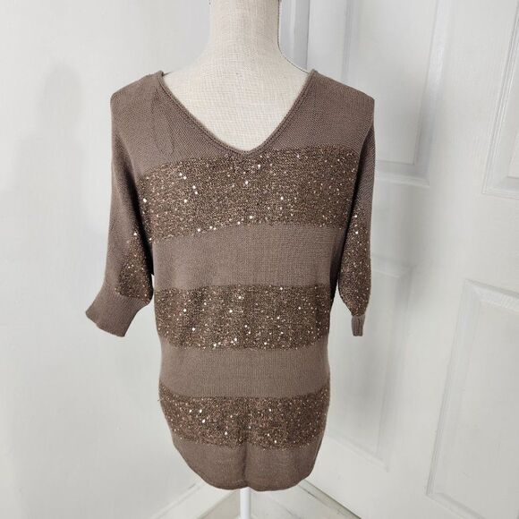 Express Sweater Womens Small Brown Striped Sequins Lightweight Pullover V Neck - Picture 12 of 13